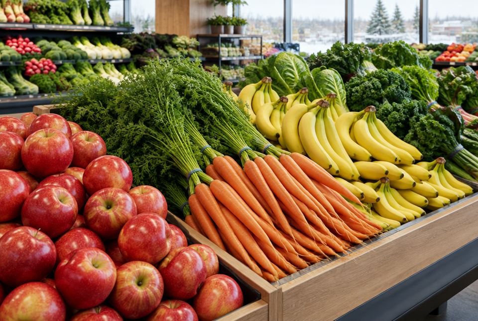 Piles of red apples, carrots with green tops, bananas and leafy greens in a grocery store.