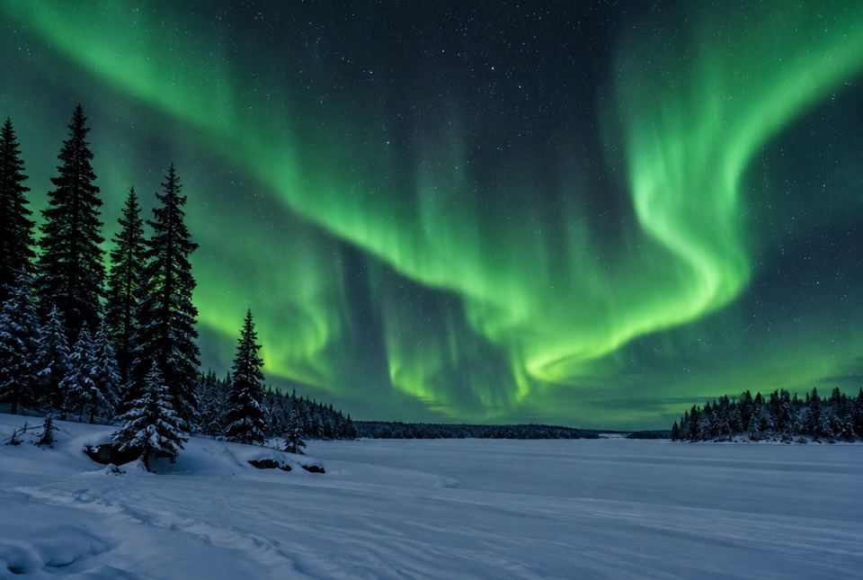 Green northern lights swirling in a starry sky above a snowy frozen lake and spruce trees.