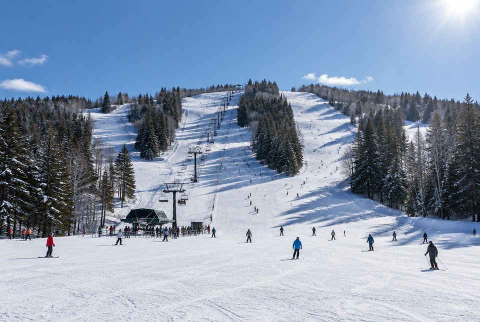 A sunny ski hill with a chairlift and many skiers and snowboarders on the slopes.