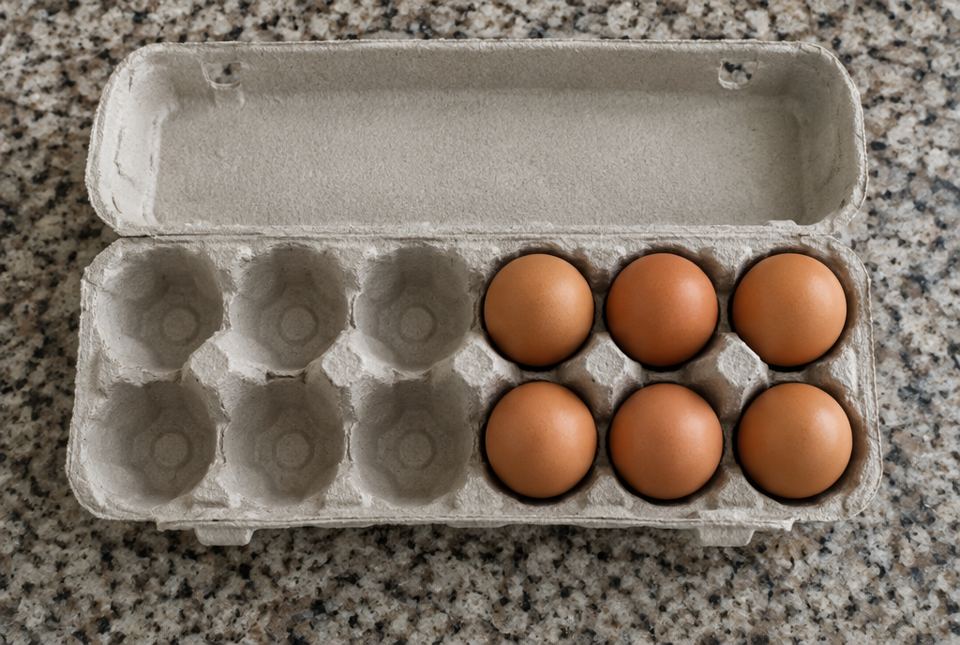 An open egg carton with 12 cups: 6 are empty and 6 hold brown eggs.