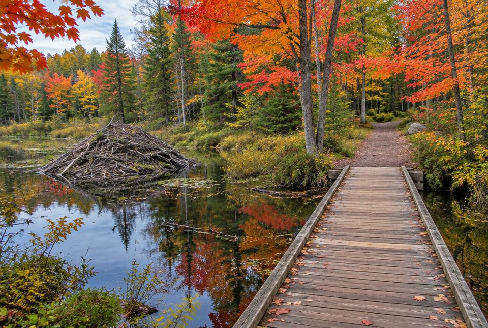 A wooden boardwalk crosses a beaver pond with a beaver lodge, surrounded by red and orange autumn maples.