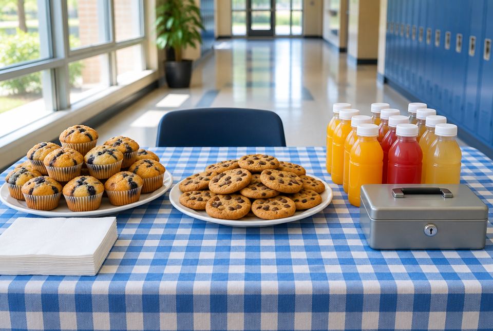 A bake sale table with blueberry muffins, chocolate chip cookies, bottles of juice and a cash box.