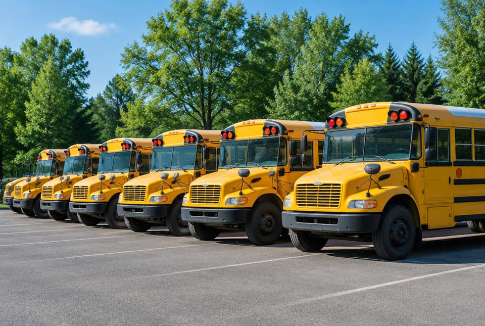 A row of yellow school buses parked side by side in a parking lot.
