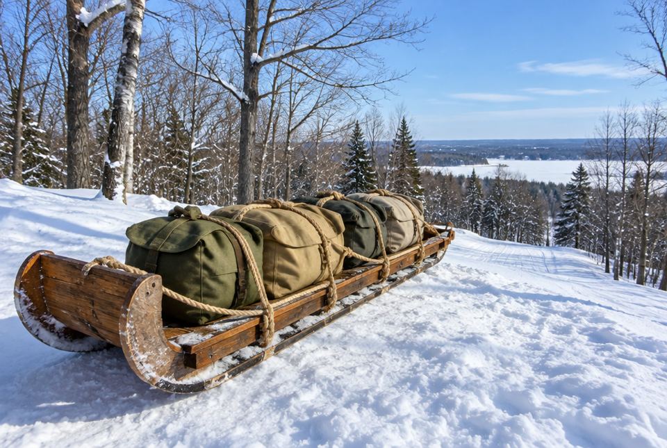 A wooden sled loaded with canvas gear bags tied down with rope at the top of a snowy hill.