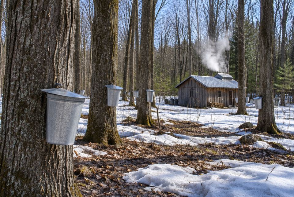 Metal sap buckets hang on maple trees in a snowy forest, with a steaming sugar shack behind them.