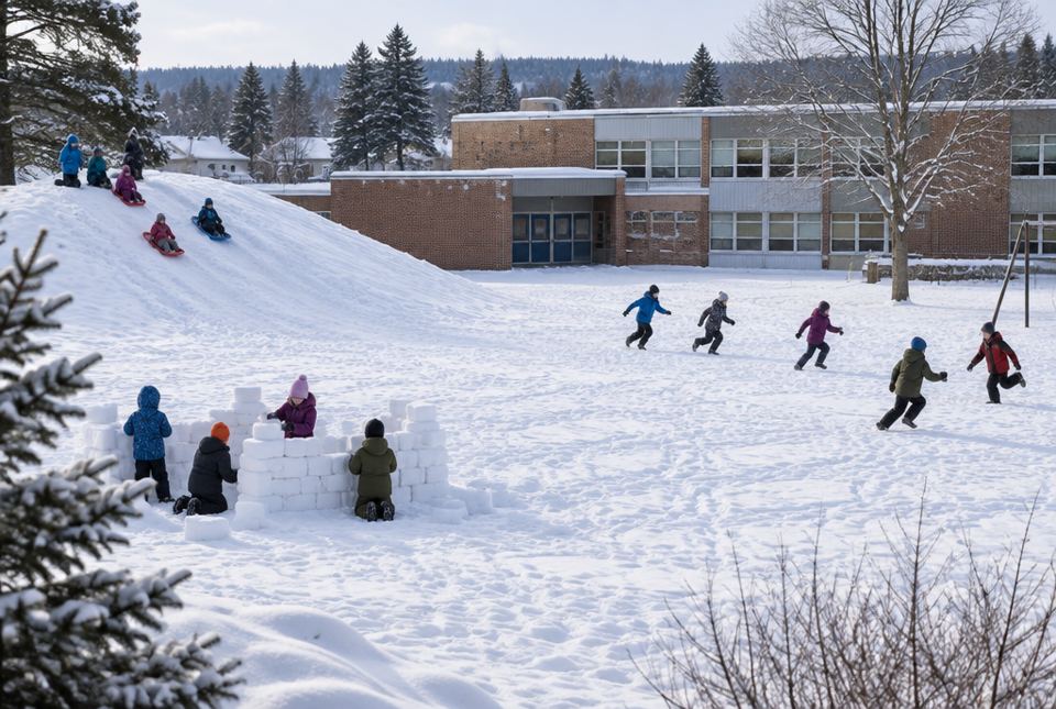 A snowy schoolyard where children slide down a hill, build a snow fort and play tag.