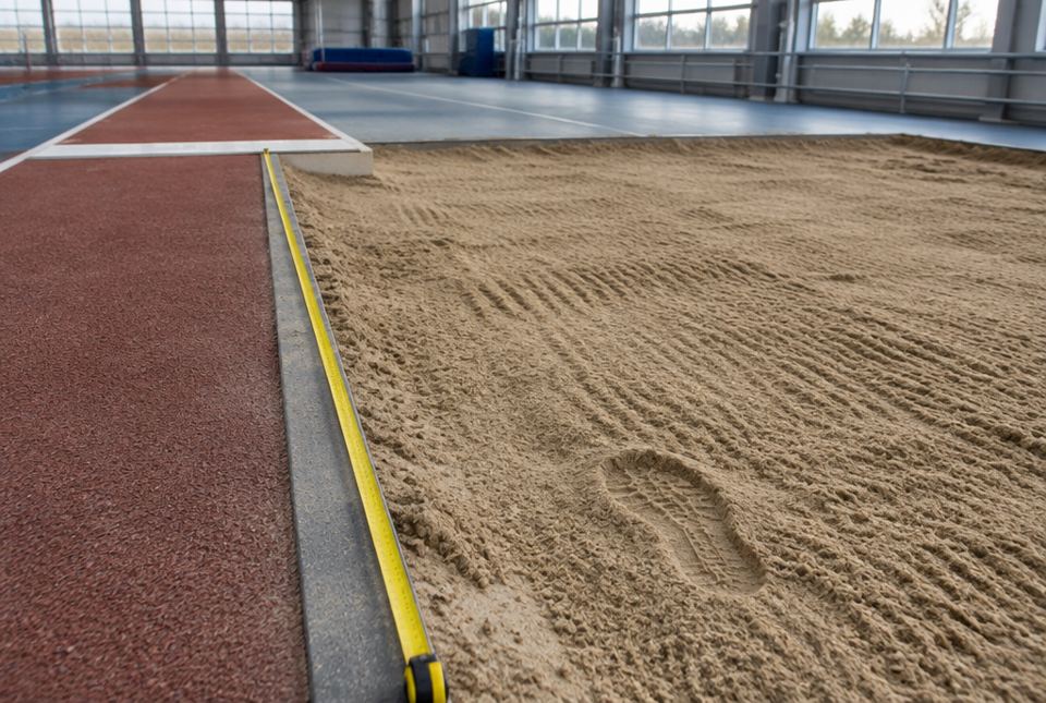 An indoor long-jump sand pit with a measuring tape along its edge and a footprint in the sand.