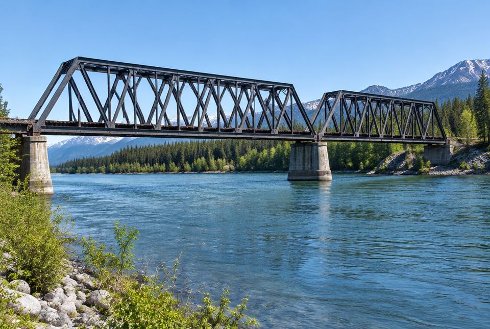 A steel railway bridge over a river, its sides made of beams forming many triangles.