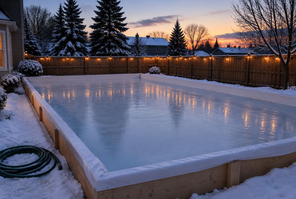 A rectangular backyard skating rink with wooden boards and a white tarp, a garden hose beside it and lights on the fence.