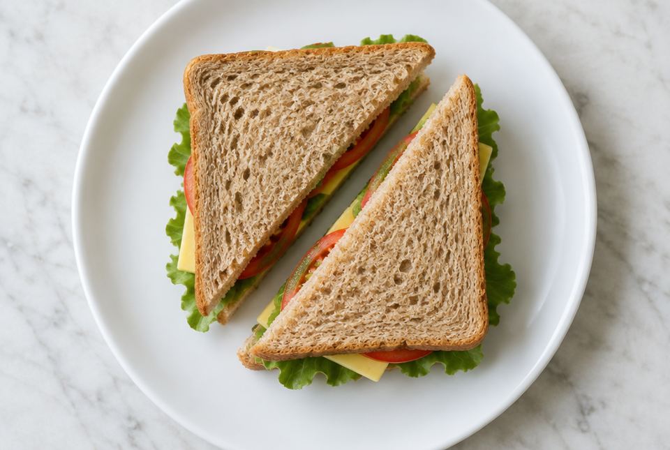 A square sandwich on a plate, cut corner to corner into two equal triangles.