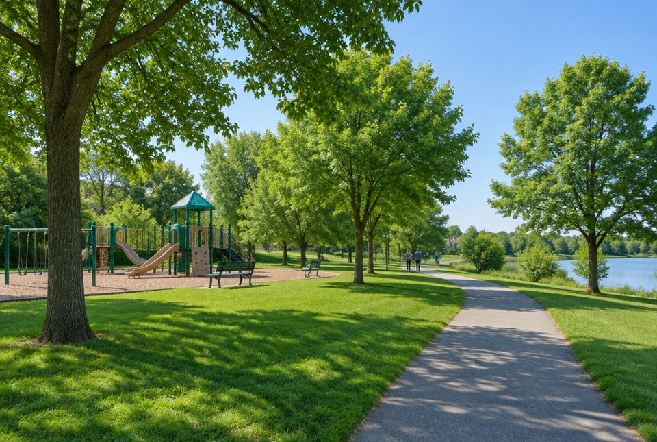 A green neighbourhood park with a playground, tall trees and a paved walking path beside a pond.