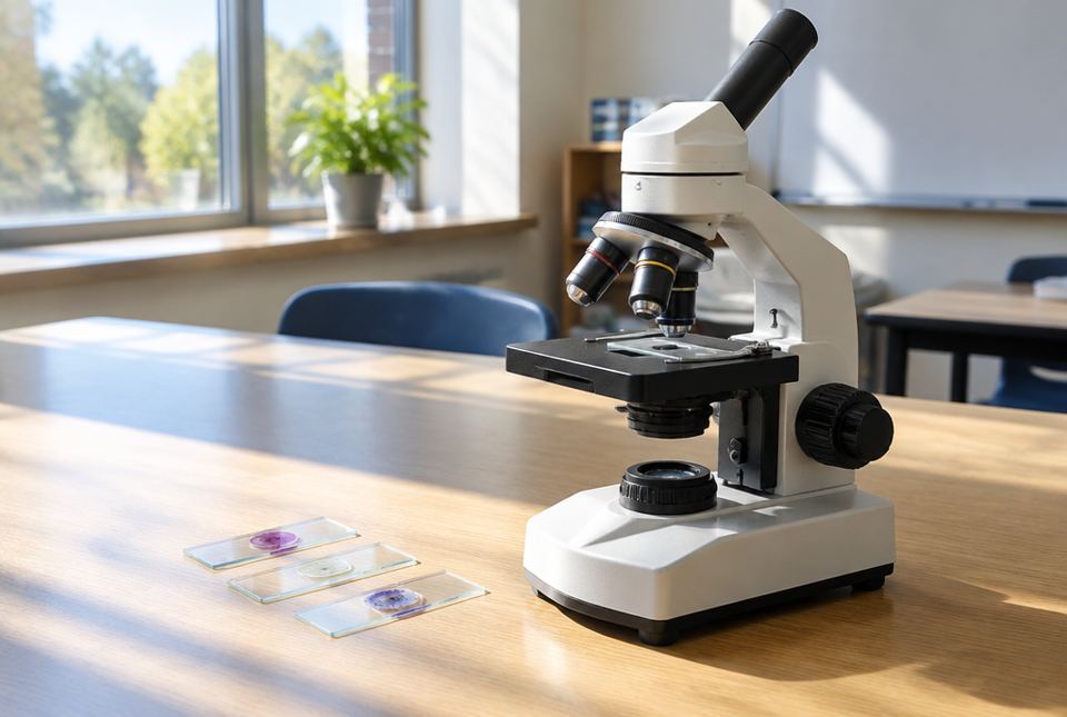 A school microscope on a sunny classroom table with three prepared glass slides beside it.