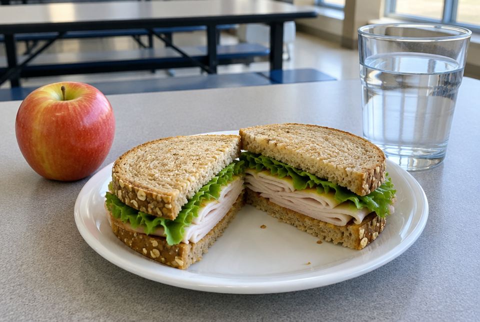 A whole grain turkey sandwich cut in half on a plate, with a red apple and a glass of water.