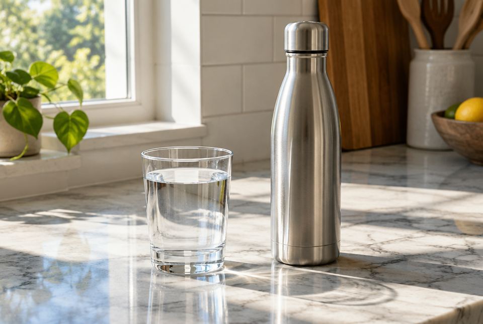 A clear glass of water and a metal reusable water bottle on a sunny kitchen counter.