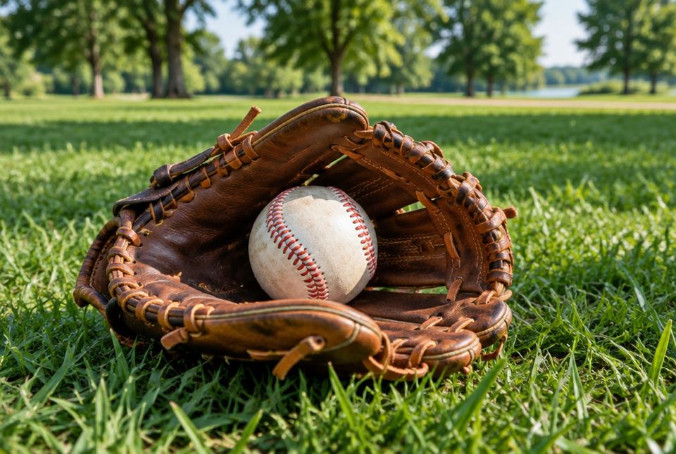 A brown leather baseball glove with a baseball resting in its pocket, lying on green grass.