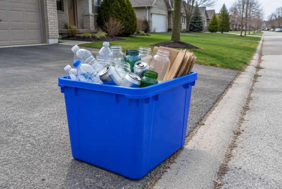A blue recycling bin at the end of a driveway filled with plastic bottles, glass jars, cans and flattened cardboard.