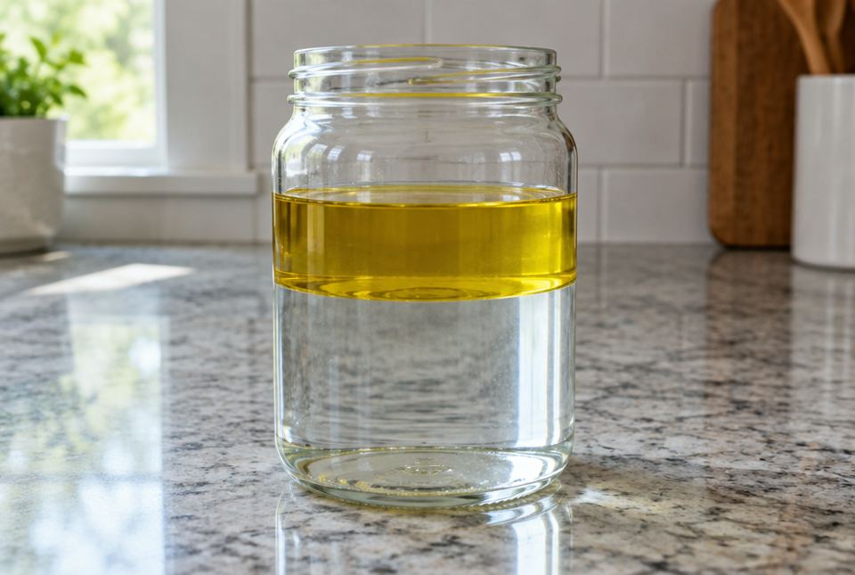 A glass jar holding clear water on the bottom and a layer of yellow cooking oil floating on top.