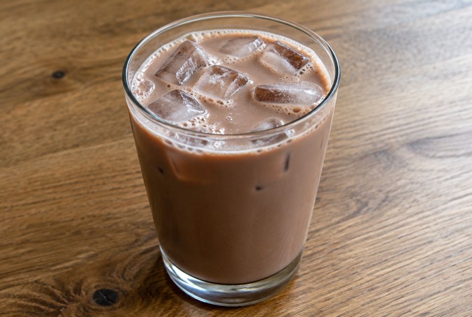 A glass of chocolate milk with ice cubes floating at the top and a ring of small bubbles.