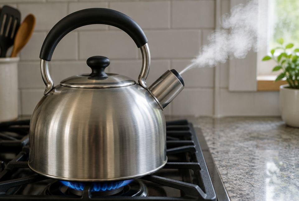 A steel kettle heats on a gas stove while a white cloud drifts away from its spout.