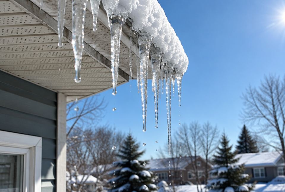 Icicles hang from a snowy roof edge on a sunny winter day, with drops of water falling from their tips.