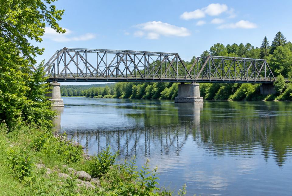 A steel truss bridge made of many triangles crossing a calm river.