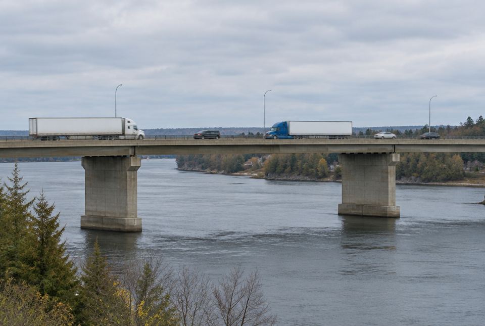 Transport trucks and cars driving across a concrete highway bridge over a wide river.