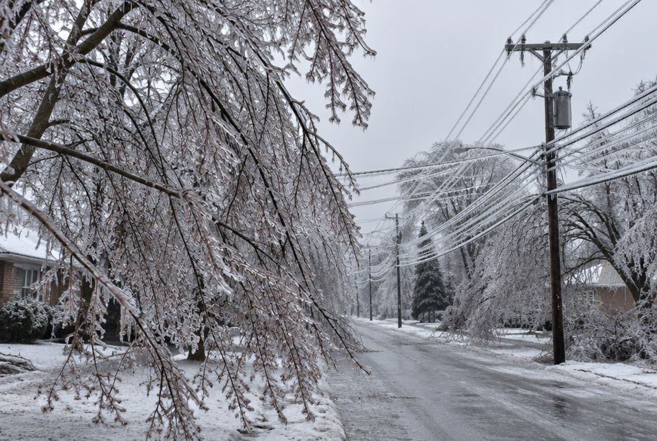 Tree branches and power lines coated in thick ice after an ice storm, bending under the weight.