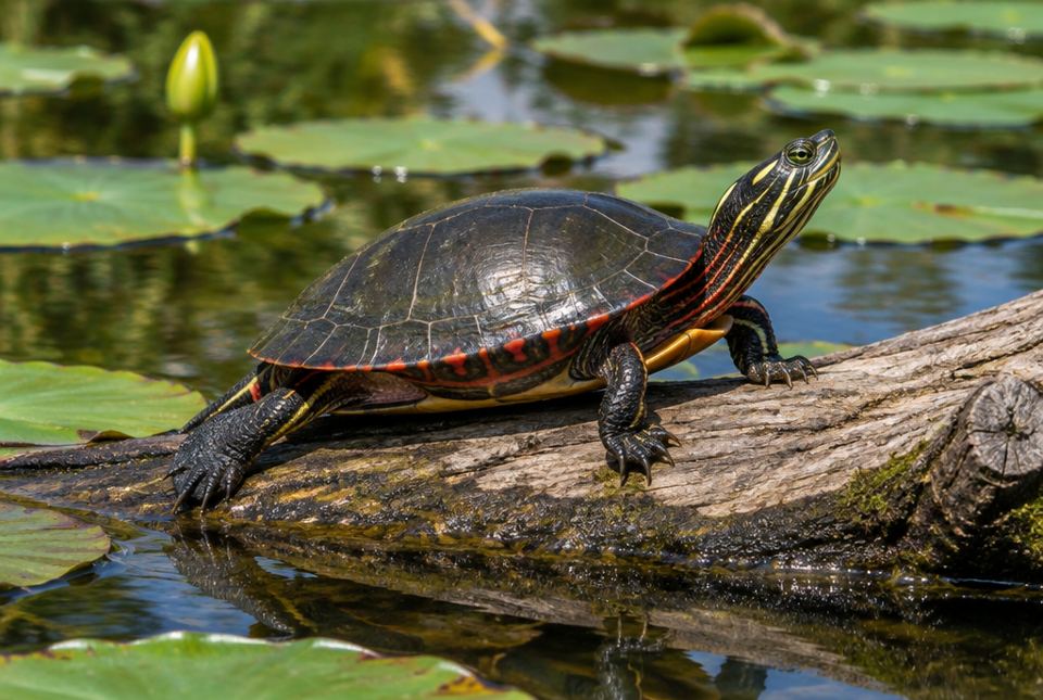 A painted turtle with a dark domed shell and red and yellow markings, basking on a log in a pond.