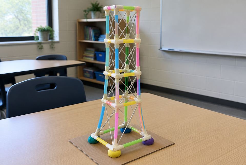A model tower made of coloured straws and tape with string X-braces, standing on cardboard with play dough at its feet.