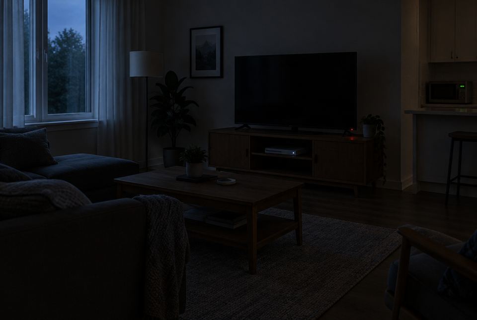 A dim living room in the evening with a small red standby light glowing near a switched-off TV.