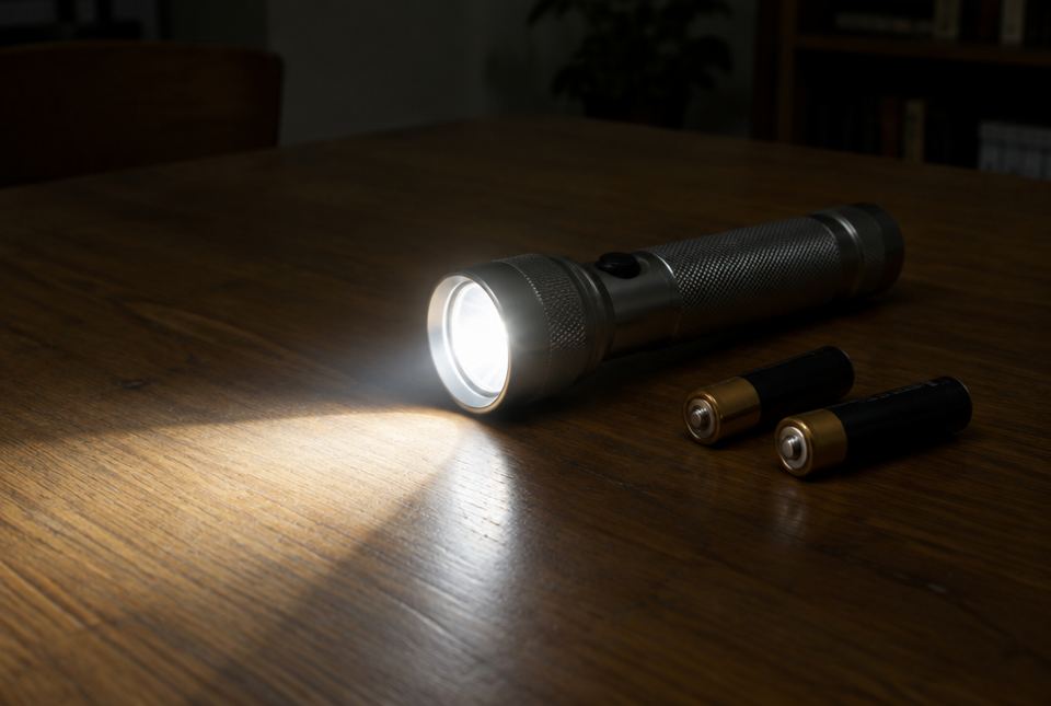 A switched-on metal flashlight shining a beam across a wooden table, with two batteries beside it.