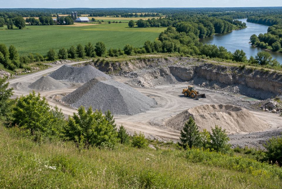 Piles of grey gravel and sand in a rural gravel pit with a loader, next to farm fields and a river.