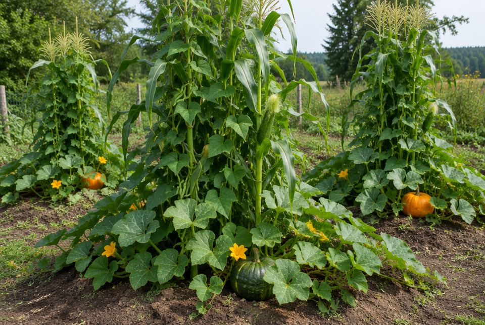 Tall corn stalks with climbing vines rise above large squash leaves, yellow flowers and green and orange squash.