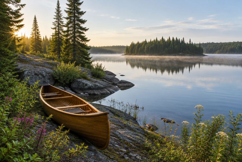 A wooden canoe rests on a rocky shore beside a calm lake surrounded by spruce and pine forest.