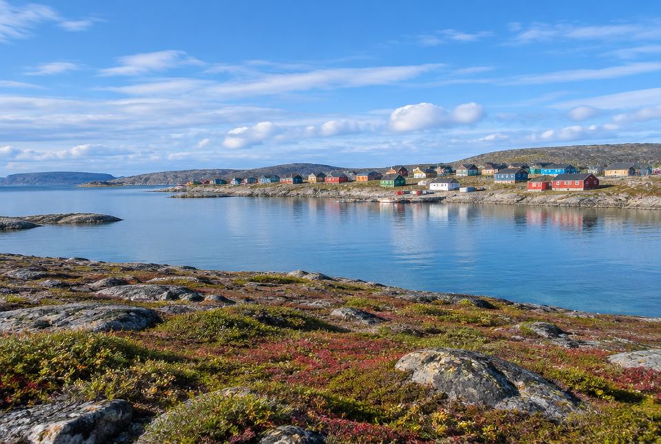 Rocky Arctic tundra with low green and red plants beside a calm bay, with colourful houses along the far shore.