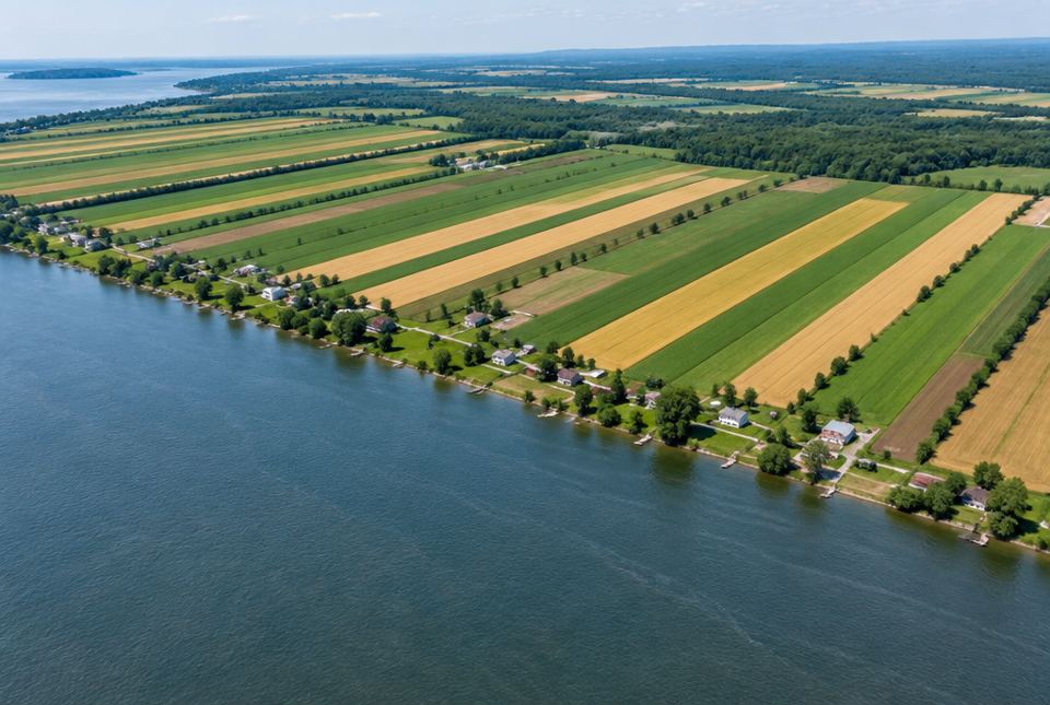 An aerial view of long, narrow farm fields stretching back from the shore of a wide river, with farmhouses near the water.