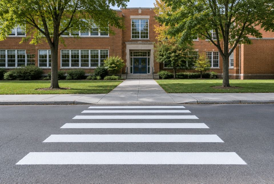 A freshly painted striped crosswalk on the street in front of a brick school building.