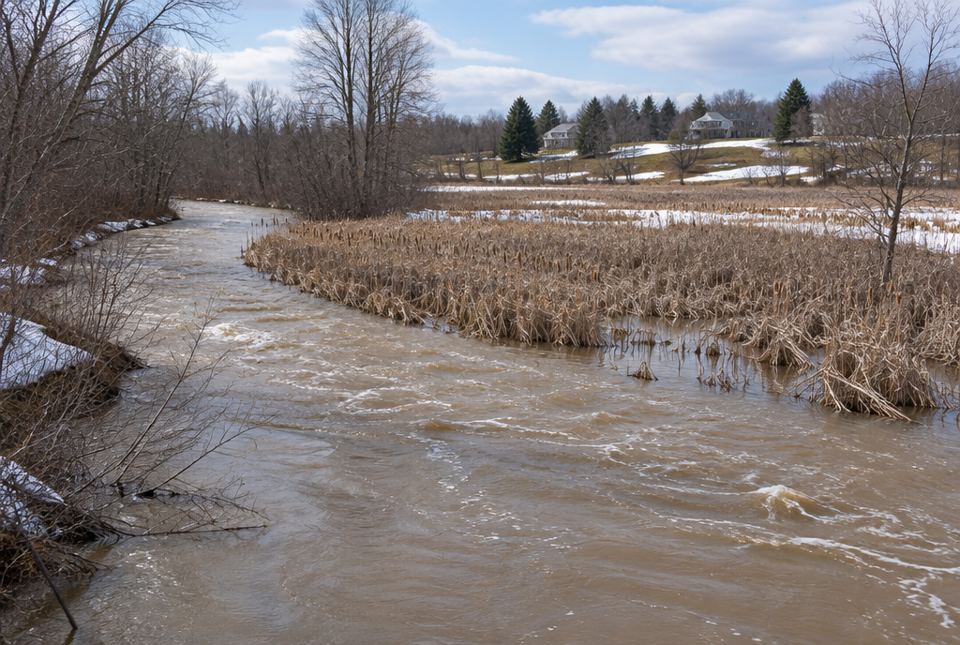 A muddy, fast-flowing river swollen with spring snowmelt runs beside a wide cattail wetland, with houses on higher ground in the distance.