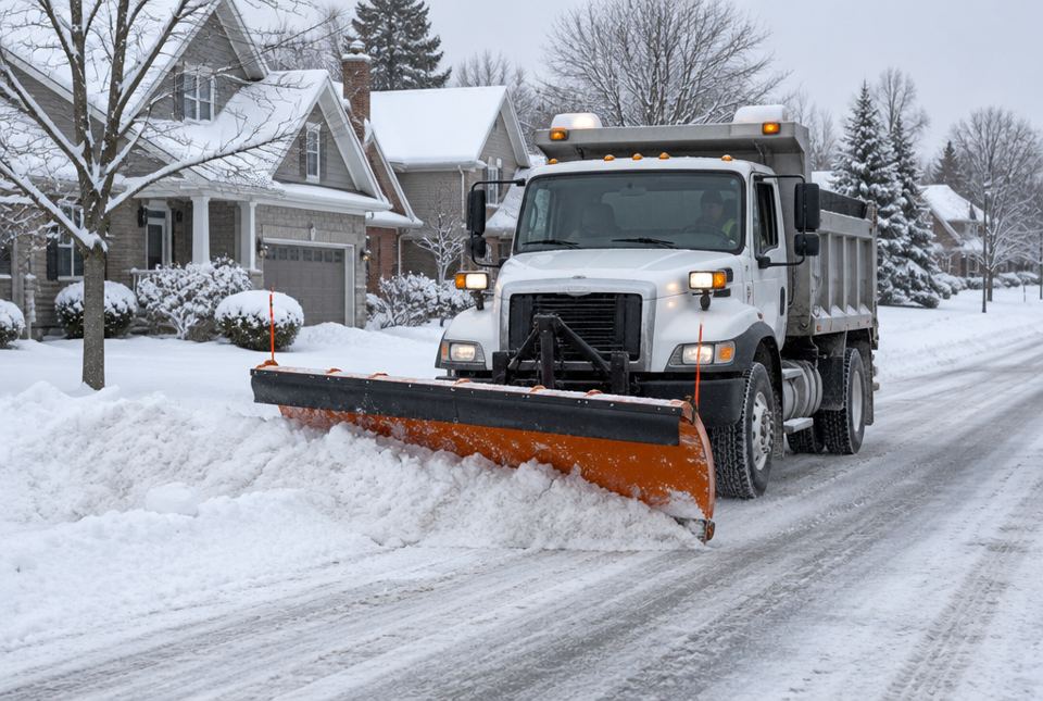 A snowplow truck with an orange plow blade clears snow from a residential street lined with houses.
