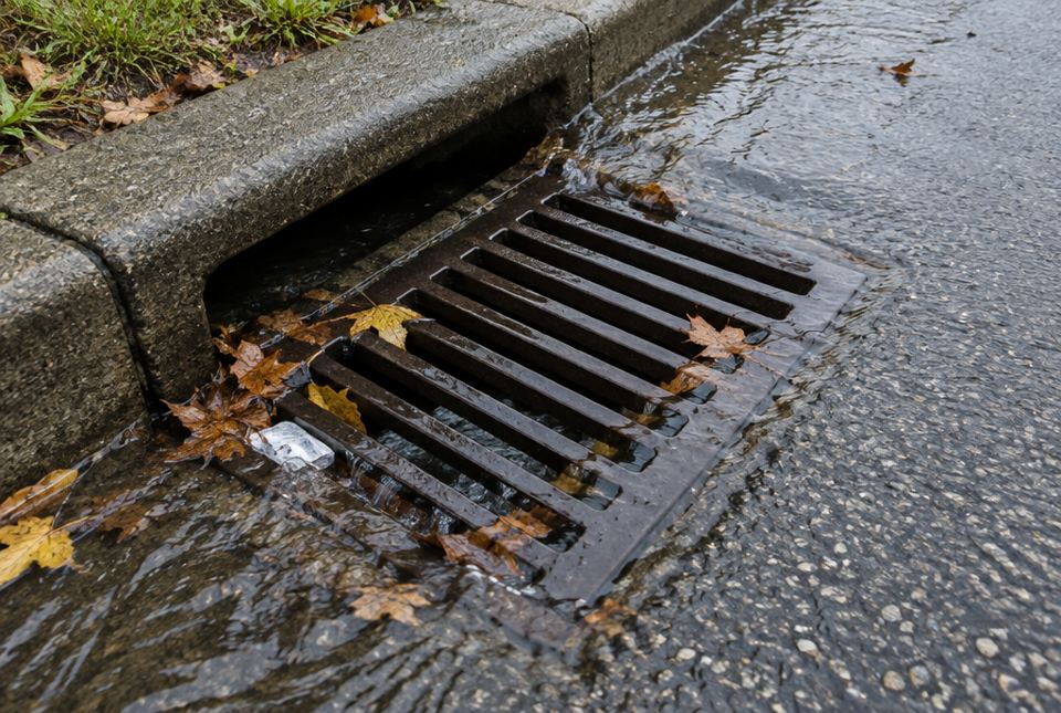 Rainwater flows into a metal storm drain grate at the edge of a street, carrying fallen leaves and a piece of litter.