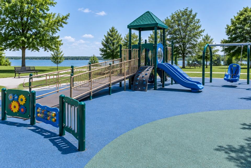 A playground with a smooth rubber surface, a long ramp up to the play structure, ground-level play panels and a supportive swing.