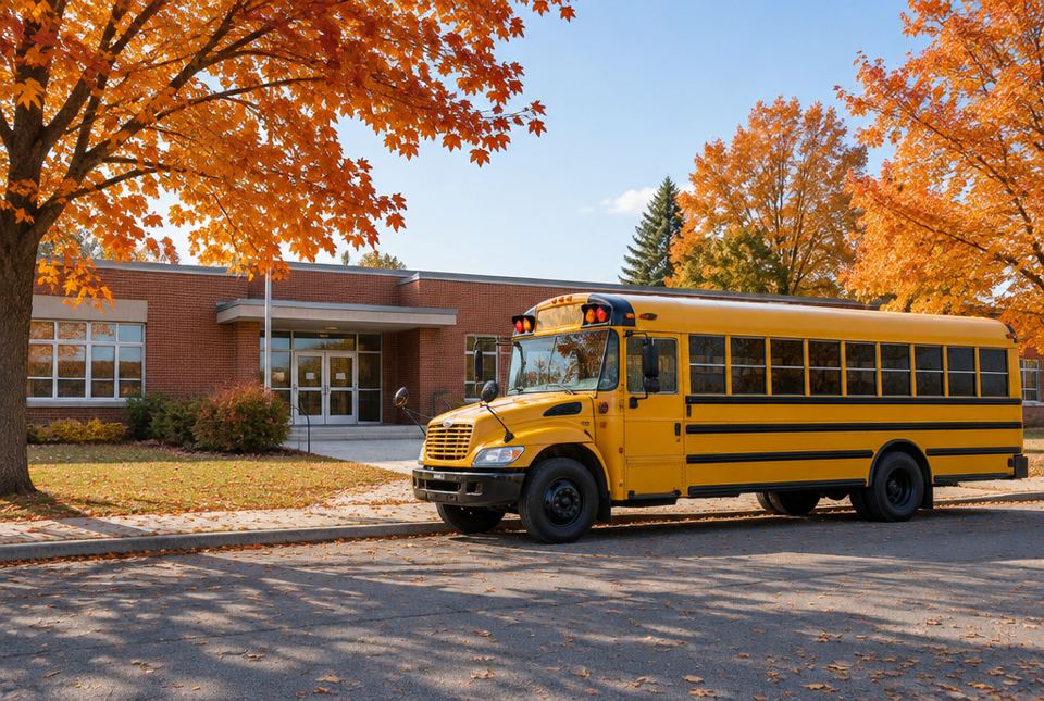 A yellow school bus parked in front of a red brick elementary school, with orange autumn maple trees.