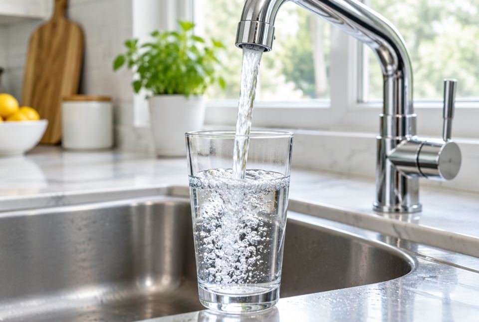 A glass being filled with clean water from a kitchen tap.