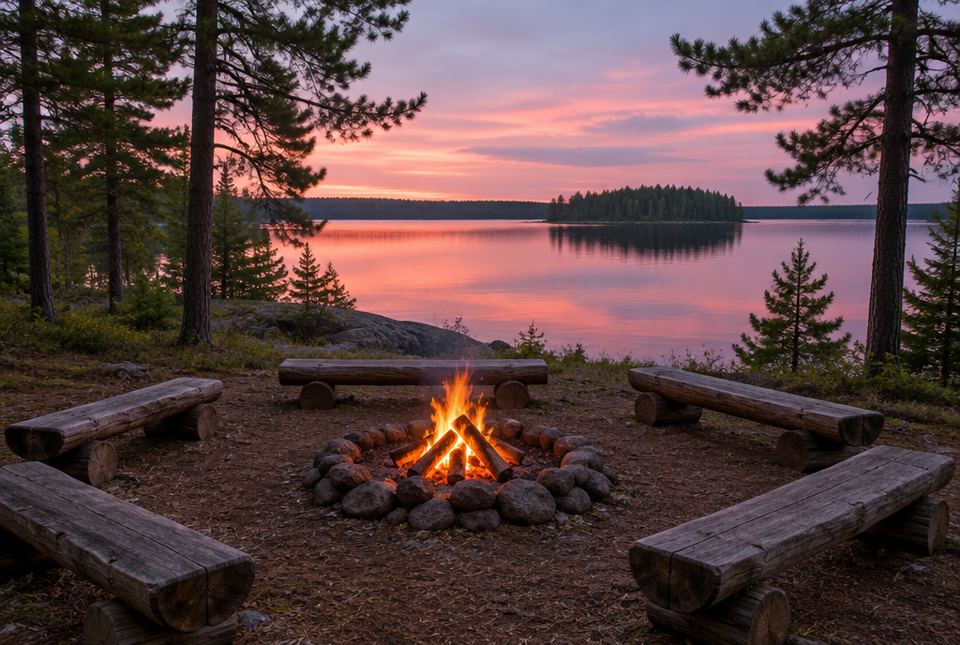 A campfire burns in a stone ring surrounded by log benches beside a lake at sunset.