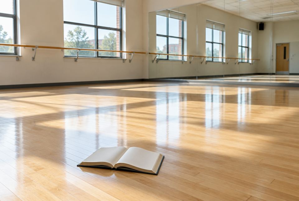 An open book lies on the wooden floor of a bright, empty dance studio with mirrors and barres.