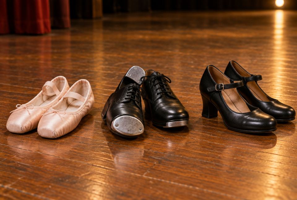 Pink ballet slippers, black tap shoes with metal plates and black flamenco shoes with heels, lined up on a stage floor.