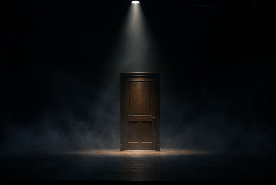 A single closed door stands on a dark stage, lit by one narrow spotlight with haze around it.