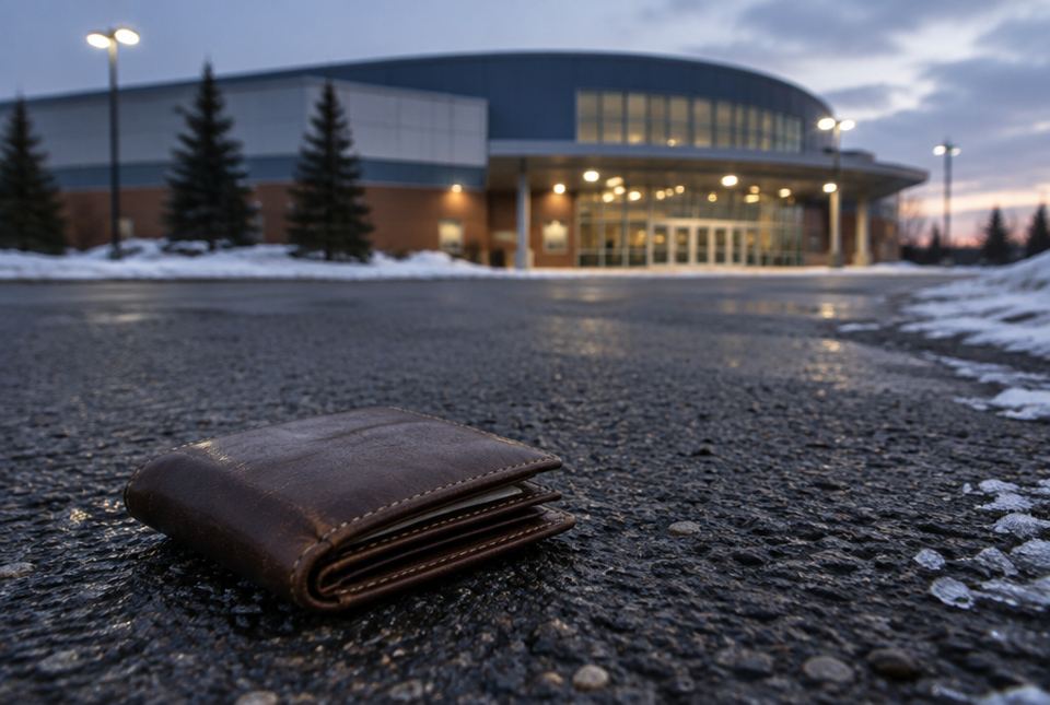 A brown leather wallet lies on an icy parking lot in front of a hockey arena at dusk.