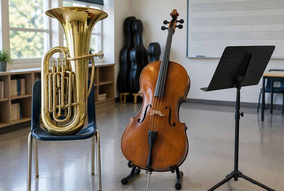 A tuba sits on a chair beside a cello on a stand and a music stand in a classroom.