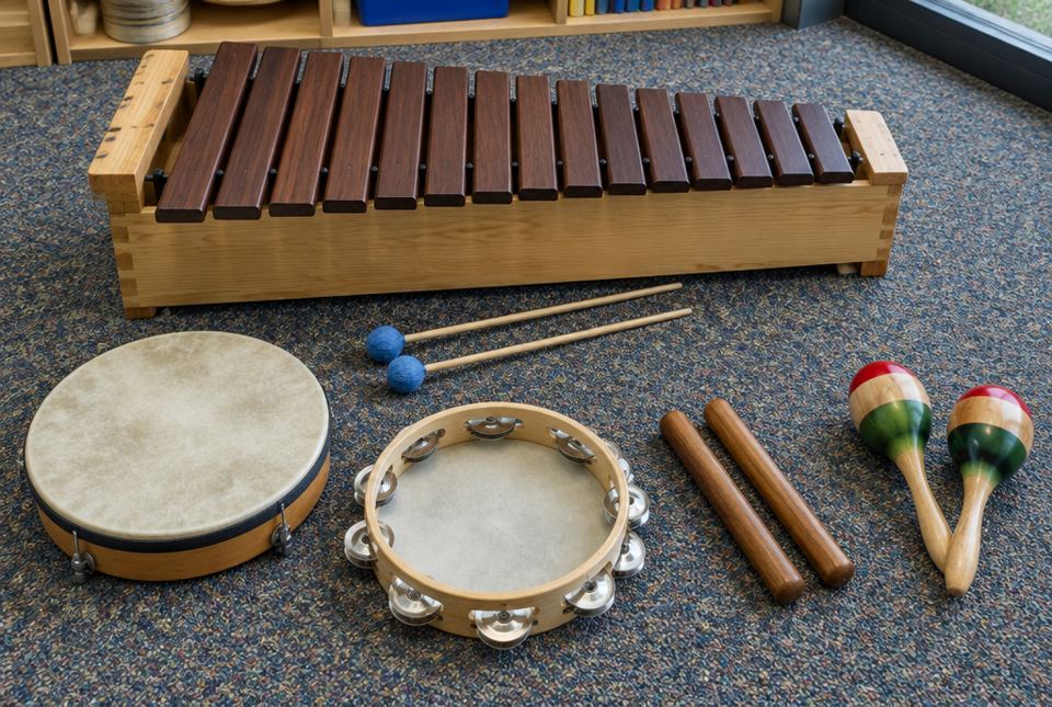 A xylophone with mallets, a hand drum, a tambourine, wooden claves and maracas on a classroom carpet.
